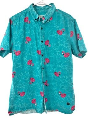 DEPARTWEST I  Shirt Short-Sleeve Button-Up Pink Flamingo Floaty Medium Turquoise